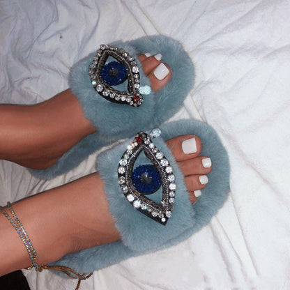 Pantuflas planas de felpa con diseño de ojo malvado para mujer, tallas grandes