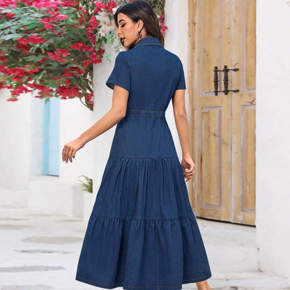 Vestido vaquero informal de manga corta con solapa para mujer