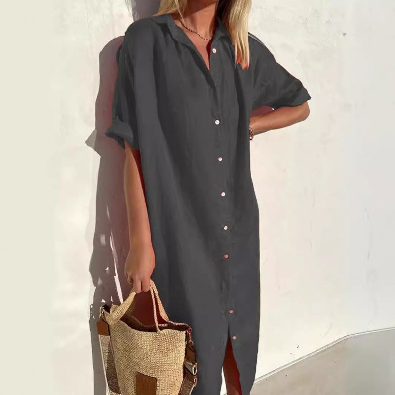 Robe décontractée en coton et lin à manches courtes pour femme avec poche et revers