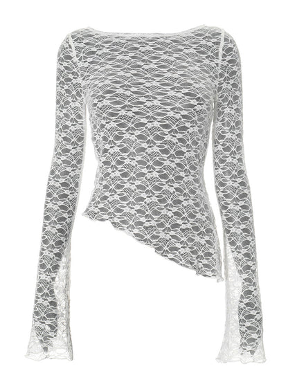 Women Fashion Sexy Solid Color Irregular Lace T-Shirt