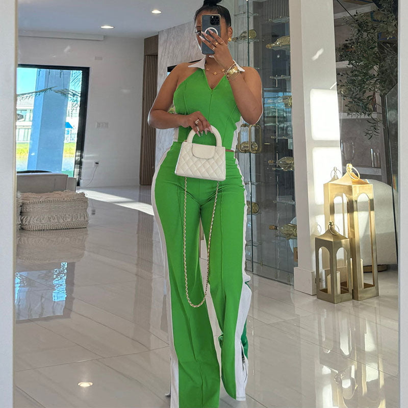 Ensemble haut sans manches et pantalon à col en V et fermeture éclair pour femme