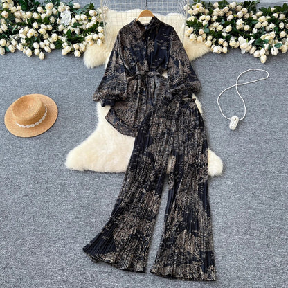 Women Casual Printed Blouse and Wide Leg Pants Set