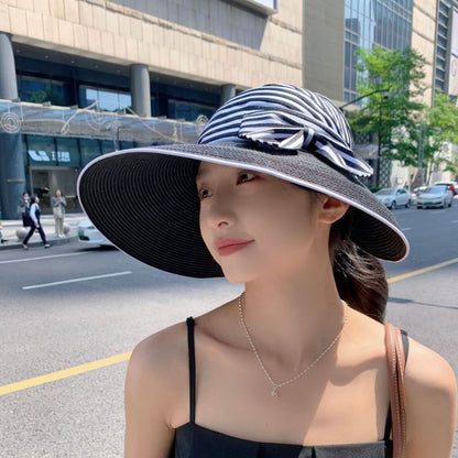 Sombrero de paja tejido con lazo a rayas para mujer, moda de verano