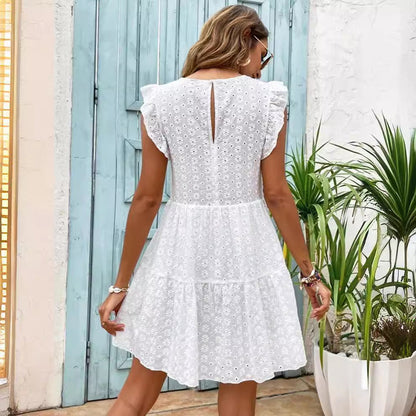 Robe bohème décontractée en coton blanc brodé à volants pour femme