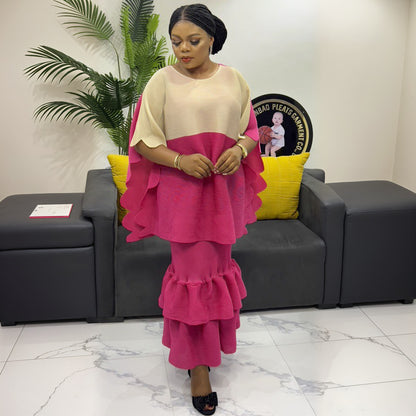 African Women Fashion Pleated Cape Ruffled Dress Set