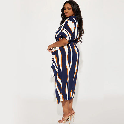 Robe rayée à manches courtes et revers pour femme, grande taille, en coton