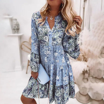 Bohemian Women Elegant Vintage V Neck Ruffled Long Flare Sleeves Mini Dress