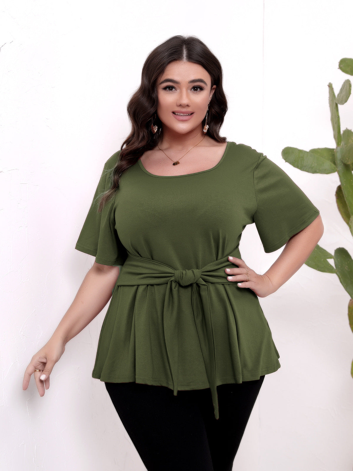 Women Casual Plus Size Solid Color Lace-Up T-Shirt