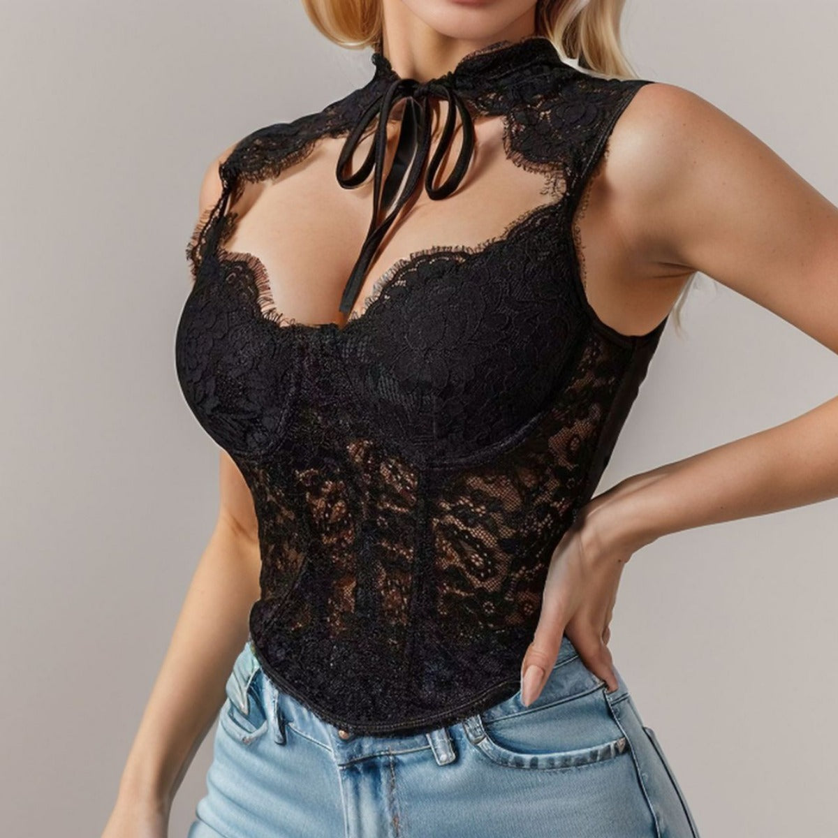 Débardeur sans manches en dentelle de couleur unie et sexy pour femme