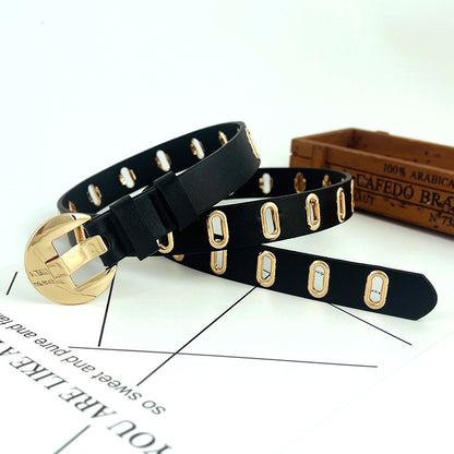 Ceinture décorative à œillets métalliques ajourés pour femme en cuir PU