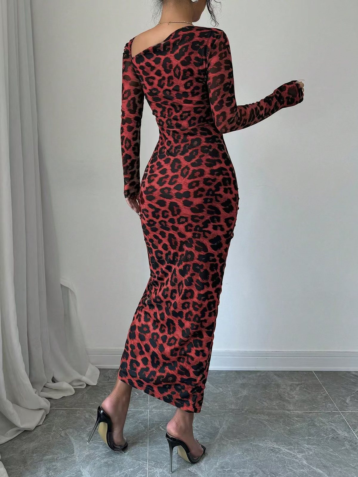 Vestido maxi ajustado de manga larga con estampado de leopardo sexy para mujer