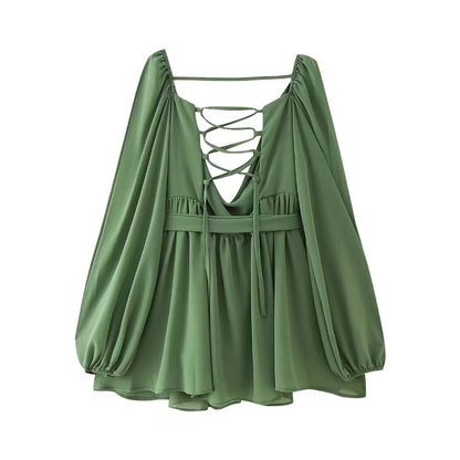 Spring Women Vacation Sexy Hollow Lantern Sleeve Dress