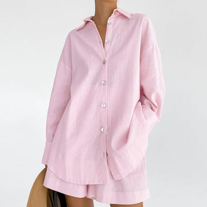 Women Fashion Solid Color Cotton Linen Pajamas Set