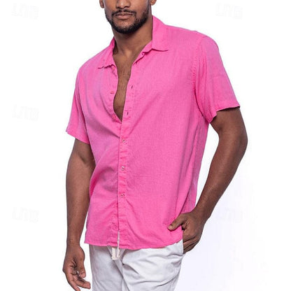 Camisa informal de algodón de manga corta y color liso para hombre con cuello de solapa