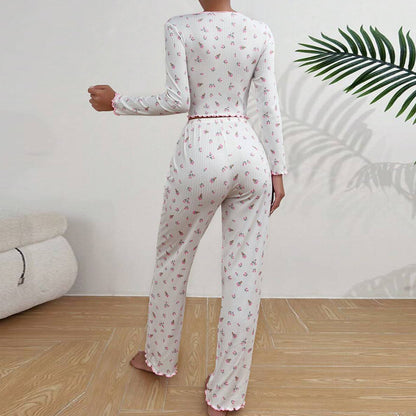 Women Fashion Casual Printed Lapel Long Sleeve Pajamas Set