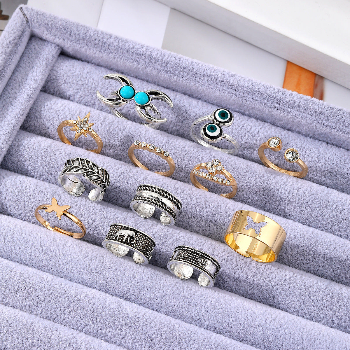 Conjunto de anillo de pie con diseño retro bohemio de cactus turquesa tallado para mujer