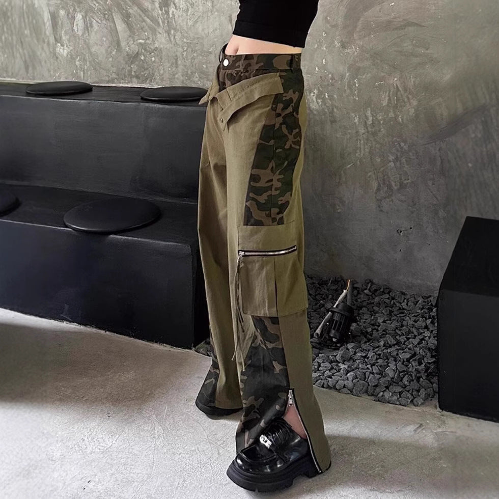 Women Fashion Retro High Waist Camouflage Stitched Jeans