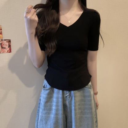 Women Fashion Solid Color V-Neck Blank T-Shirt - Casual Slim Fit