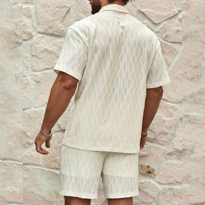 Conjunto de camisa y pantalones cortos de manga corta con solapa y estilo vacacional para hombre