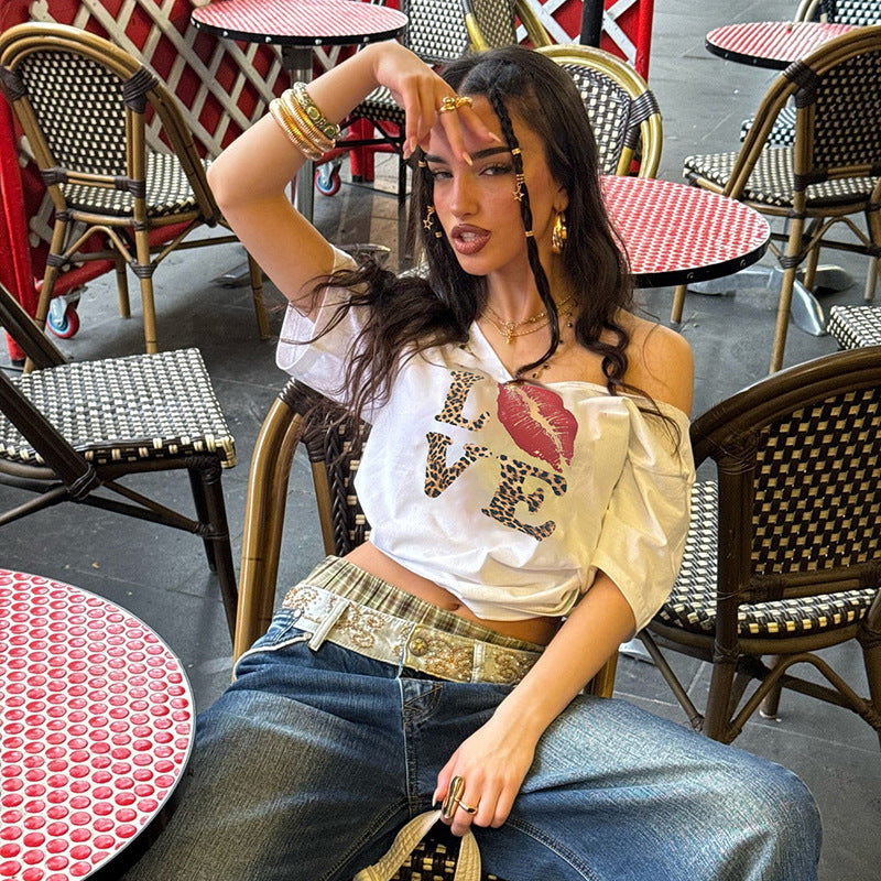 Y2K Women Off-Shoulder V-Neck Leopard T-Shirt