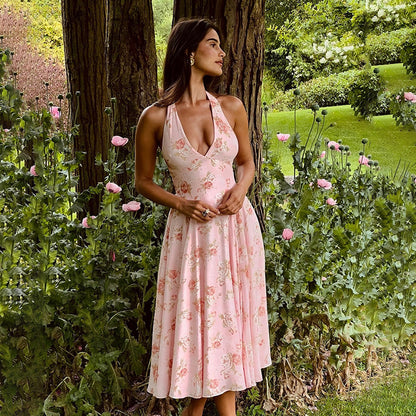 Women Fashion Sexy Elegant Floral Printed Halter-Neck Dress