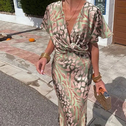 Vestido elegante con escote en V y estampado de cintura definida para mujer