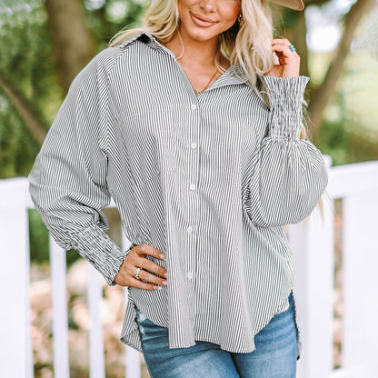 Blusa informal de manga larga con solapa y rayas para mujer