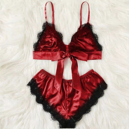 Sexy See-Through Elastic Pajamas Lace Satin Sleepwear Set