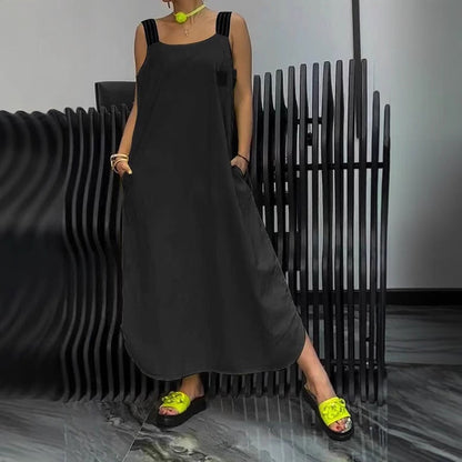 Vestido informal de algodón y lino de color liso para mujer