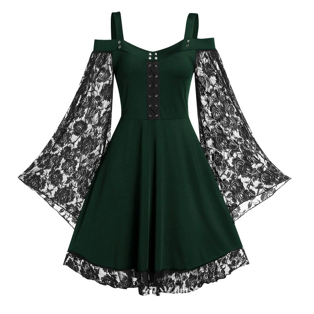 Robe gothique à manches longues évasées et épaules dénudées en dentelle