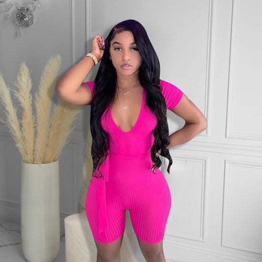 Women Fashion Sexy Solid Color Deep V Neck Short Sleeve Jumpsuit