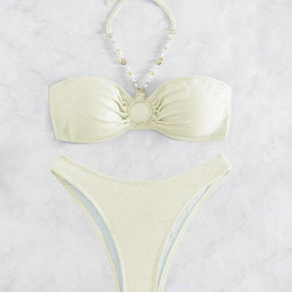 Sexy Women Summer Vacation Pearl Strap Halter Neck Bikini Swimwear Set