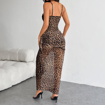Women Fashion Sexy Leopard Lace Spaghetti Strap Dress
