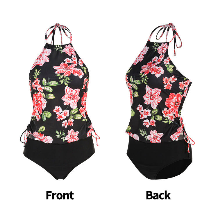 Women Fashion Floral Printed Halter Neck Top Triangle Pantie Tankinis Swimsuit 2pcs Set