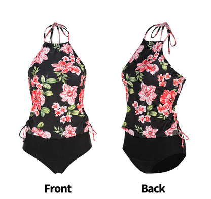 Women Fashion Floral Printed Halter Neck Top Triangle Pantie Tankinis Swimsuit 2pcs Set
