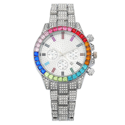 Women Fashion Colored Rhinestone Calendar Watch - Elegant Alloy Strap