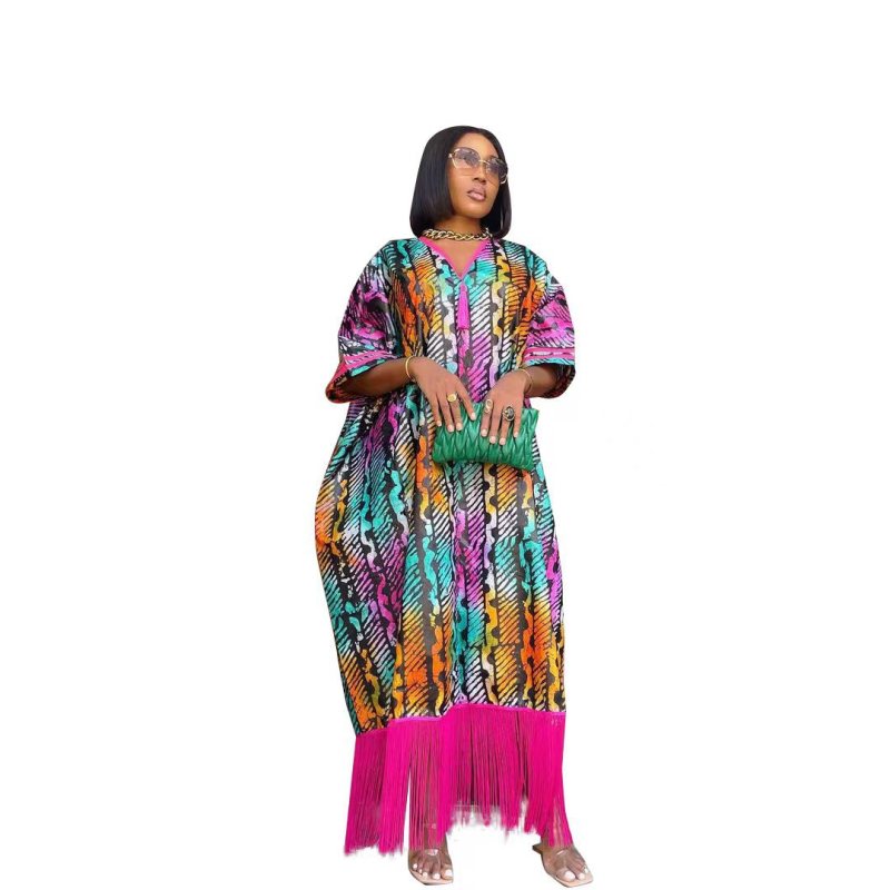 Women Fashion Boho V-Neck Tassel Loose Short Sleeve Maxi Dress