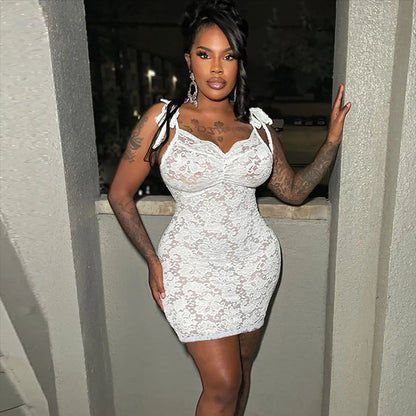 Women See-Through Lace Slim-Fit Dress with V-Neck