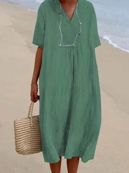 Robe décontractée en coton et lin à col en V et couleur unie pour femme