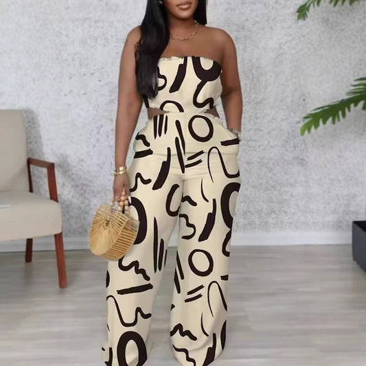 Women Elegant Printed Strapless Wide Leg Pants