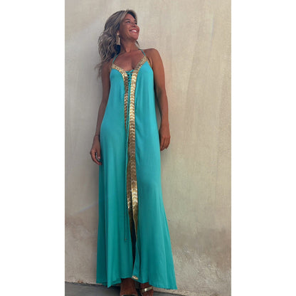 Vestido largo informal de verano con cuello halter y mangas abullonadas para primavera y verano