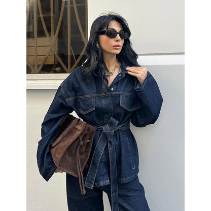 Conjunto de dos piezas de abrigo vaquero informal para mujer, pantalones con cordones y manga larga
