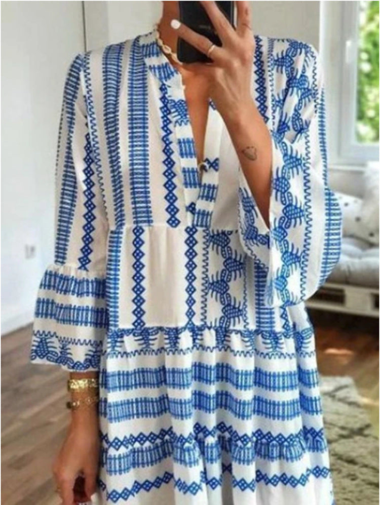 Women Fashion Casual Boho Geometric Print Maxi Dress