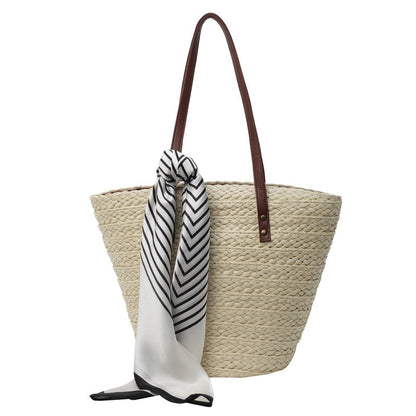 Bolso tote de paja tejida de seda para mujer de verano
