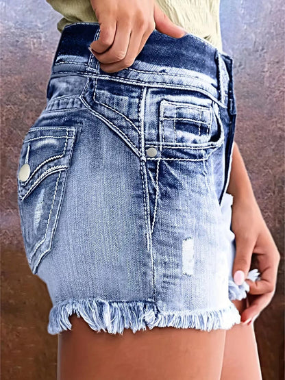 Pantalones cortos vaqueros de cintura alta con borlas informales a la moda para mujer