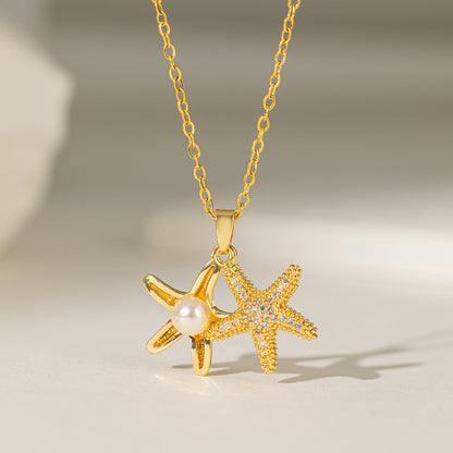 Collar de estrella de mar con perla y circonita para mujer con colgante de cobre
