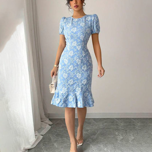 Women Fashion Elegant Flower Jacquard Short Sleeve Dress