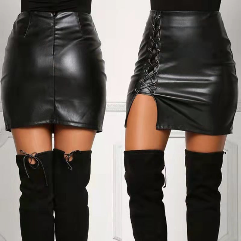 Women Fashion Lace-Up PU Skirt
