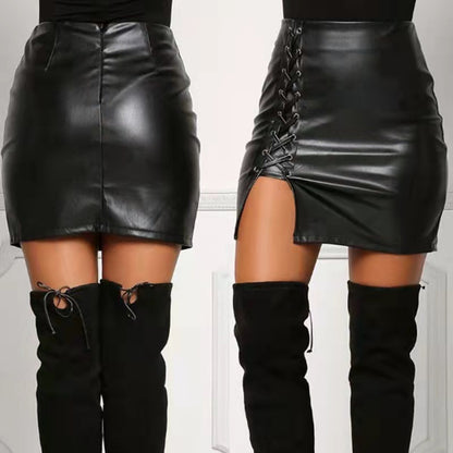 Women Fashion Lace-Up PU Skirt