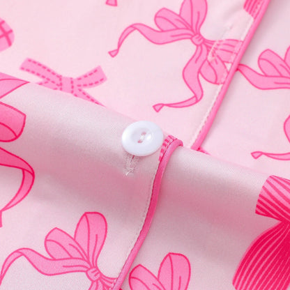 Women Pink Bow Print Lapel Short Sleeve Pajamas